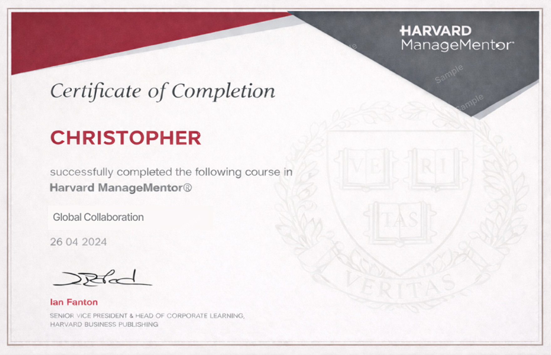 Harvard ManageMentor certificate