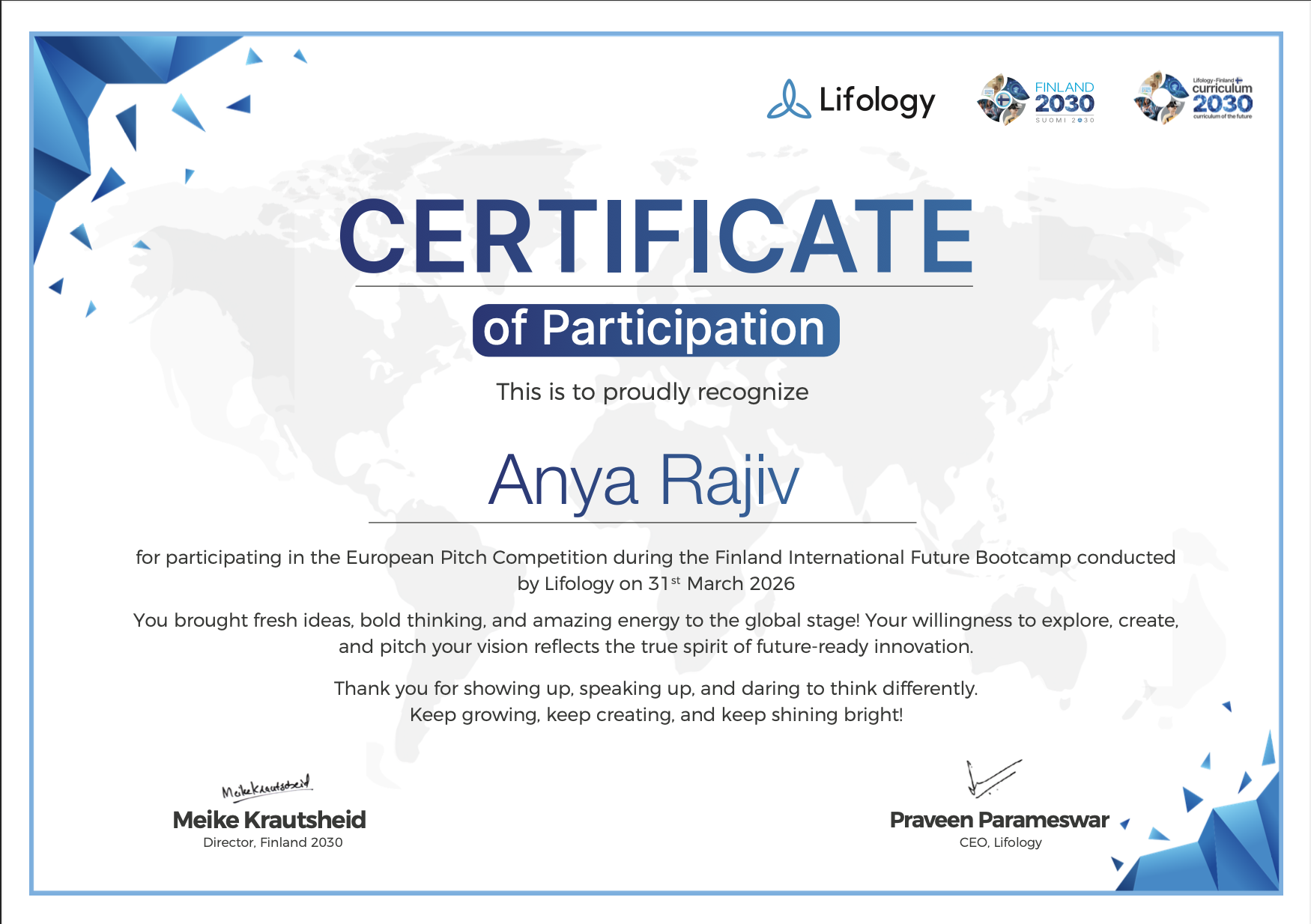 Finland 2030 Lifology programme certificate