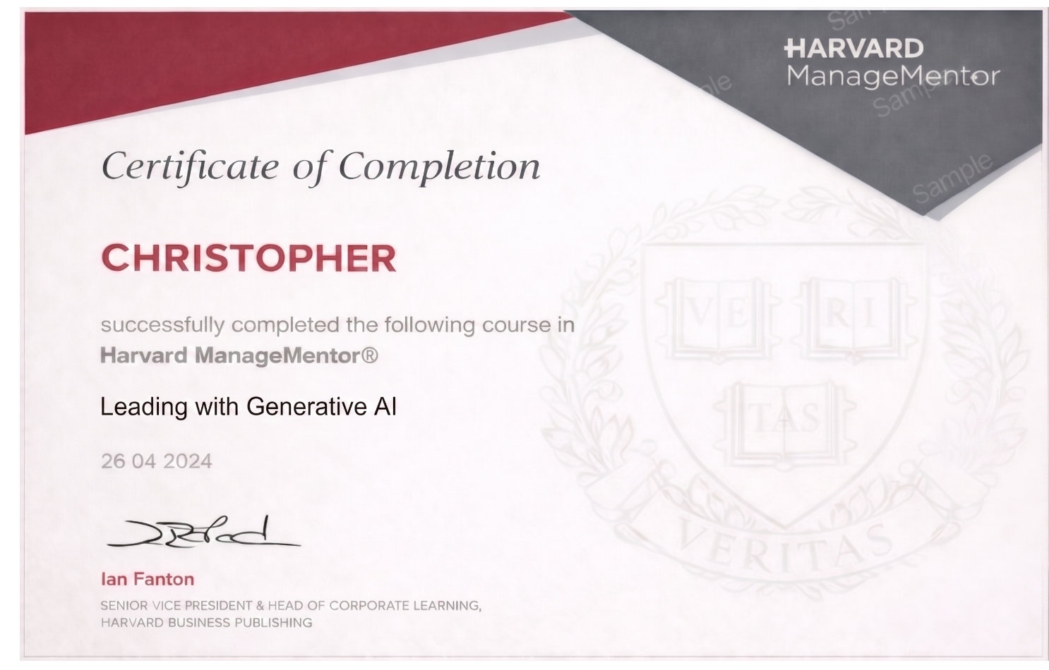 Harvard ManageMentor Leading with Generative AI certificate