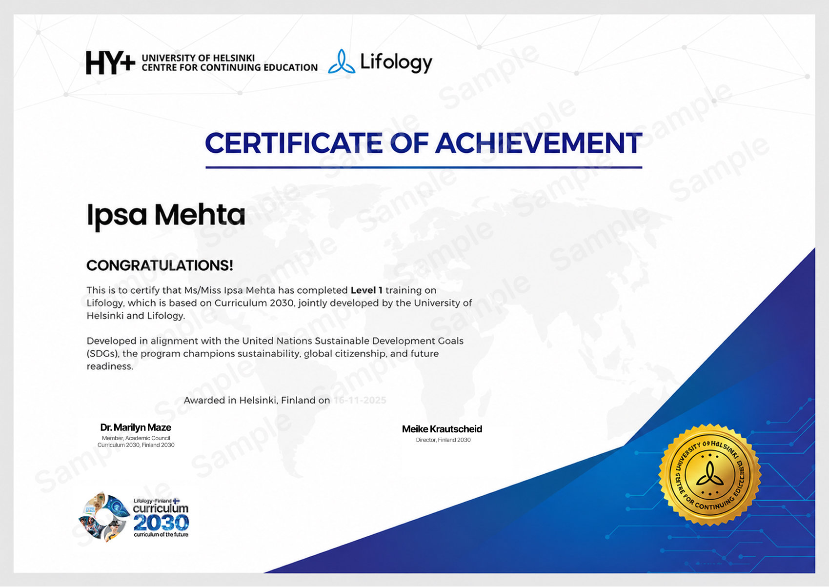 University of Helsinki HY+ endorsed Lifology certificate